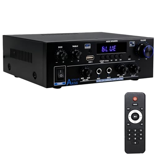AK55 Amplificatore HiFi Mini Bluetooth 5.0 Stereo Amplifier 2.0 Canali 70W X 2 Audio Amplificatore Digitale Amplificatore con radio FM, telecomando, Opt/AUX/RCA/USB/MIC/BT
