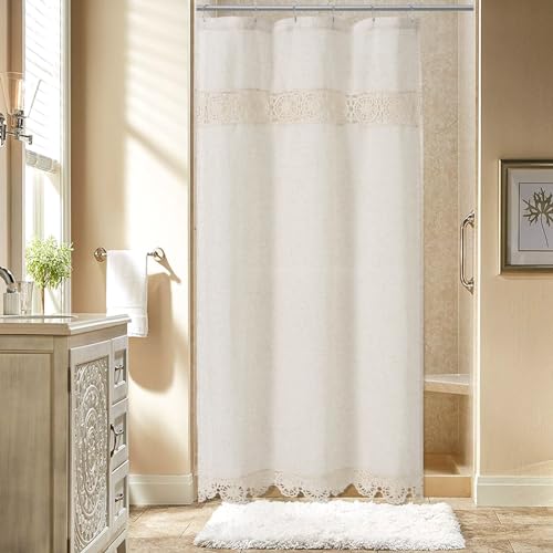 Gibelle Small Stall Boho Farmhouse Shower Curtain, Linen Cotton Fabric Shower Curtain With Macrame Lace Decor, Modern Bohemian French Country Chic Shower Curtain Set With Peva Liner 36X72 cover