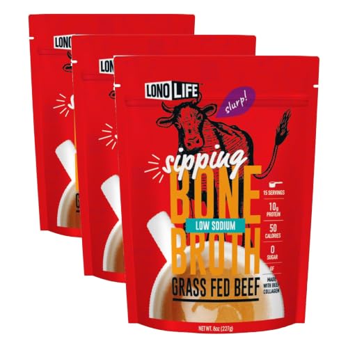 Image of LonoLife Low Sodium Beef Bone Broth Powder Mix | Grass-Fed, 10g Protein | Collagen-Rich, Keto & Paleo Friendly | Natural Ingredients | 8oz Bulk Container (15 Servings) (Pack of 3)