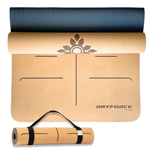 Premium Cork Yoga Mat 6mm Thick Non-Slip – Hot Yoga Mat Sweat Resistant Cork & Rubber with Alignment Lines, Extra Large 72x26, Joint Support, Carry Strap – Rayforce