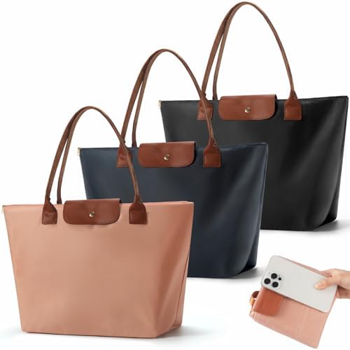 VZZNN 3 Pack Tote Bag for Women with Zipper Nylon Top-Handle Purse with Compartments Foldable Shoulder Tote Bag Gym Tote Work Tote Weekend Hobo Handbag Yoga Travel Bag,Black+Blue+Pink