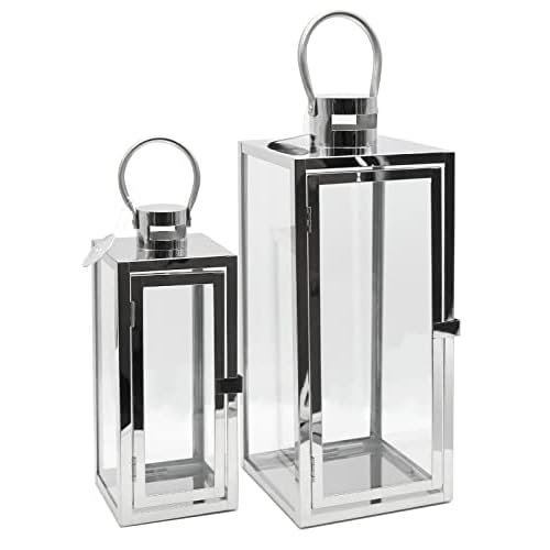 Dekovita 2er-Set Gartenlaterne 30cm/42cm – Edelstahl-Laternen mit Henkel – Windlicht Deko-Laterne aus Metall