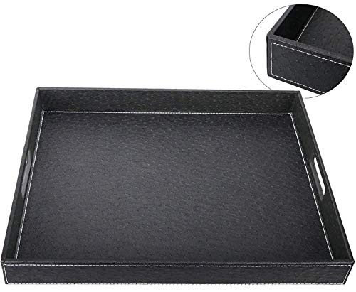 HofferRuffer Ostrich Faux Leather Rectangular Decorative Serving Tray with Handles for Coffee Table, Breakfast, Tea, Food, Butler, Black Ostrich PU Leather, 17.7 x 13.8 x 2 inches