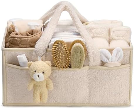 Wickeltasche Organizer, Wickeltisch Organizer, Tragbarer Wickelkorb mit Herausnehmbaren Fächern, Plüsch Wickelorganizer mit Griffen, Baby Aufbewahrungskorb für Wickel und Babysache