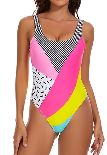 MIAIULIA Women's Retro 80s/90s Inspired High Cut Low Back Padding One Piece Swimwear Bathing Suits Color Block Rose L