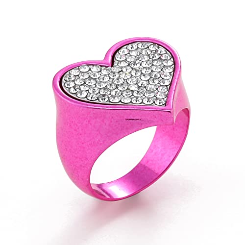 Statement Cocktail Ring Dopamine Brights Electroplated Hyper-Pink Strass Signet Ring (Thin Heart) #TOP8