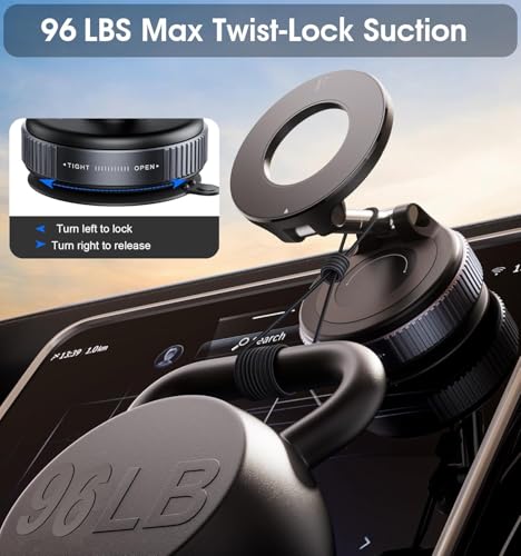 Image of EYUVAA LABEL Vacuum Ultra Suction Magnetic Phone Holder for Car, Foldable Mobile Holder with Easy Secure Grip Compatible with Mag Saf Car Mount, Windshield, Dashboard, Mirror (with Arm)