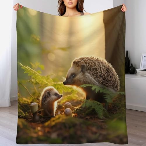Plaid pour voyage et canapé motif hérisson, jeté de lit douillet en flanelle chaude