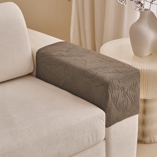 KaviKon Stretch Sectional Couch Covers, Wear Resistant Sofa Slipcovers Washable Soft Furniture Protector Anti Slip Couch Cushion Covers for Dogs Kids Sofa Arm Cover(1 Piece Armrest Cover, Leaf Coffee)
