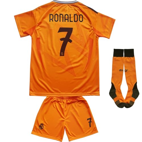 LeenBD Ronaldo No #7 Away Madrid Kids Soccer Jersey Kit Shorts Socks Set Youth Sizes (orange, 8-9 Years Old)