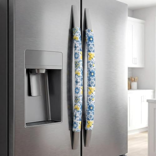 Sadnyy 2 Pcs Lemon Refrigerator Door Handle Covers Blue Tiles