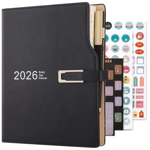 Holderzwu Agenda académica 2026 A5 día por página, organizador de horarios con calcomanías de calendario, agenda con soporte para bolígrafo y bolígrafo, papel grueso, 14 x 21,5 cm (negro)