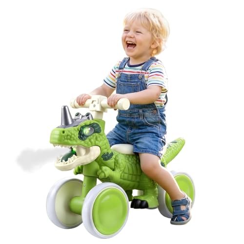 Dinosaur Balance Bike for 1-3 Year Olds, Ride on Toy, Baby Toddler 4-Wheel No-Pedal Walker Scooter with Music & Mist Spray, Baby Bike First Birthday Gift Green