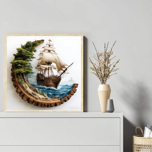 Image of KYOQFVN Sailboat Stamped Cross Stitch Kits, Ocean Sail Boat Needlepoint Counted Cross Stitch Kits for Beginners Adults, Patterns Dimensions Needlecrafts Embroidery Kits Arts and Crafts 14x14 Inch