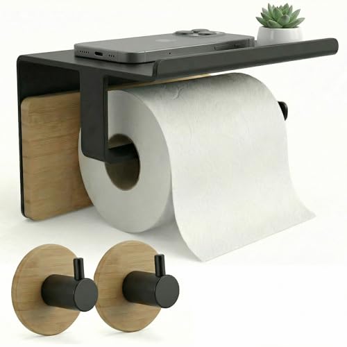 BYSER Portarrollos Papel Higienico Adhesivo con Repisa + 2 Ganchos. De Acero Inoxidable Negro y Bambú. Soporte para Papel Higienico Pared sin Taladro, con Accesorios Baño Modernos