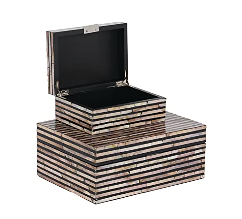 Deco 79 Mother Of Pearl Handmade Box With Hinged Lid, Set Of 2 12", 8"W, Black #TOP4