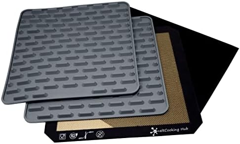 Silicone Roasting Mat and Silicone Baking Mat Combo for Air Fryer Oven - Set of 3 Food Safe, Non-Stick Baking Mat and Silicone Roasting Racks with Bonus Non-Stick Oven Liner