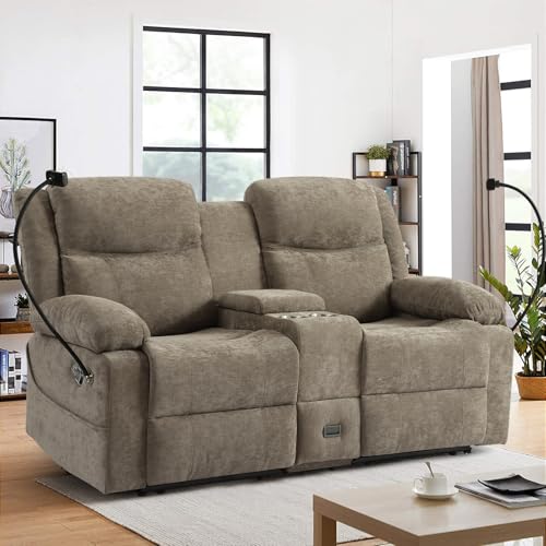 Manual Reclining Loveseat Sofa with 360°Adjustable Phone Holder, Center Console Storage with Type-C Charging & USB, Adjustable Headrest, Cupholders, Hidden Storage Drawer, Living Room (Linen Camel)