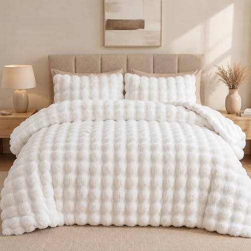 YIKUSH Fluffy Comforter Set Queen Size - Soft & Fuzzy Faux Fur Comforter, Ultra Plush White Comforter with Flannel Back, Warm Yet Lightweight Cozy Bedding Set