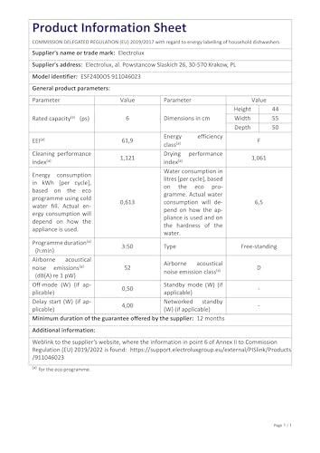 Electrolux Série 600 Mini lave-vaisselle de table, 55 cm, ESF2400OW, libre, capacité 6 couverts, 6 programmes de lavage, 438 x 550 x 500 mm, argent