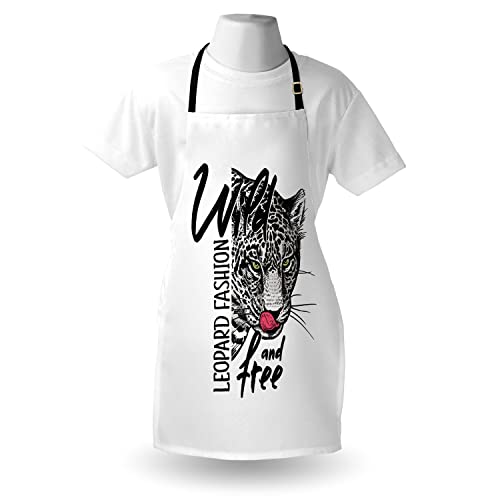 Ambesonne Leopard Apron, Wild And Free Lettering With Spotted Savage Predator Big Jungle Cat, Unisex Kitchen Bib With Adjustable Neck For Cooking Gardening, Adult Size, Charcoal Grey Green Pink #TOP2