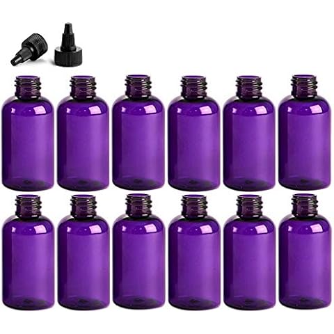 Premium Essential Oil 4 Ounce Boston Round Bottles, PET Plastic Empty Fillable BPA-Free, with Black Twist Caps (Pack of 12) (Purple) Cover