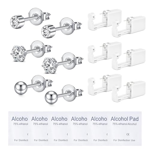 WillTen Juego de 6 perforadores para la oreja, juego de perforaciones con circonita integrada, pendientes para perforar, pistola perforadora, piercing de pistola, color plateado y dorado, Metal