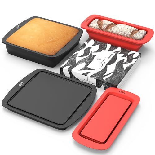 WAFE Brownie Cake Tins & Trays for Baking, Set of 2 Bread & Loaf Tins, Non Stick Collapsible Silicone Food Grade Moulds Pan for Loaves, Chocolate Bar & More