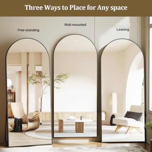 GLSLAND Arched Full Length Mirror - 68" x 24" Floor Mirrors Aluminum Alloy Frame Full Body Mirror for Cloak Room, Bedroom, Living Room,Black