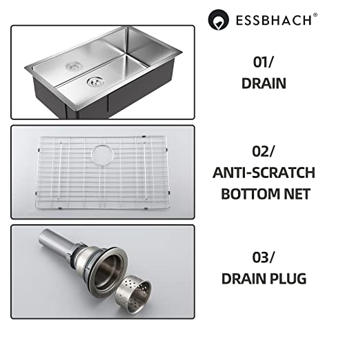 Essbhach Kitchen Sink, 32 Inch Undermount 16 Gauge Single Bowl Kitchen Sinks, 304 Stainless Steel Sink With Drain Strainer And Accessories #TOP2