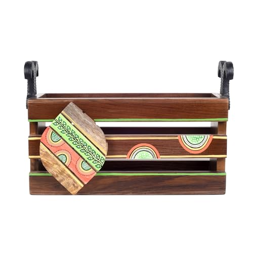 Image of AAKRITI ART CREATIONS Floral Art Wooden Magazine Holder | Hand-Painted & Teak |Storage Decoration For Hall | Magazine Holder For Bedroom, Living Room, and Entryway