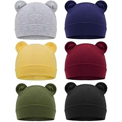 6 Pcs Bear Ear Hat: Navy Blue, Burgundy, Army Green, Yellow, Light Grey, Black (0-6 Months)