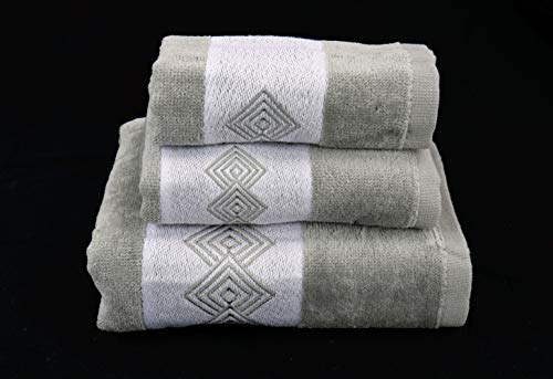 H & A Collection Marina Decoration Premium Luxury Decor Ultra Soft 100% Cotton Embroidered Bathroom Modern 3 Piece Towel Set, Grey Modern Square Pattern #TOP7