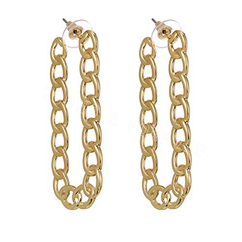 Image of Young & Forever Gift Stainless Steel Gold Plated Curb Chain Hoop Earrings for Women Big Hoop Dangle Earring for Women U Shaped Earrings Thin Geometric Hoop Earrings