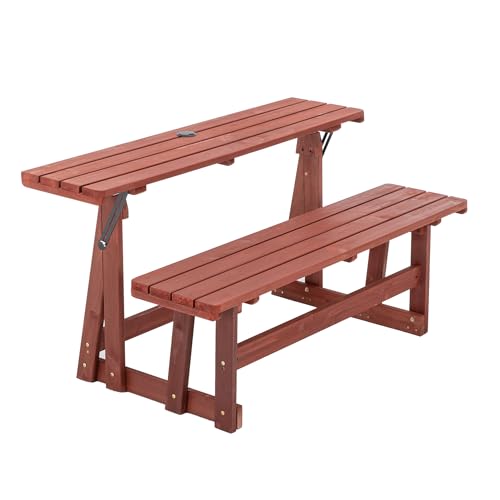 2-in-1 Convertible Wood Bench with Umbrella Hole