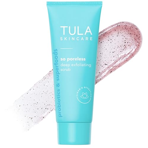 TULA Skin Care So Poreless Exfoliating Blackhead Scrub – Powerful and Gentle Exfoliation, Refreshing and Smoothing, Contains Probiotic Extracts, Volcanic Sand, Pink Salt, and Witch Hazel, 2.89 oz.