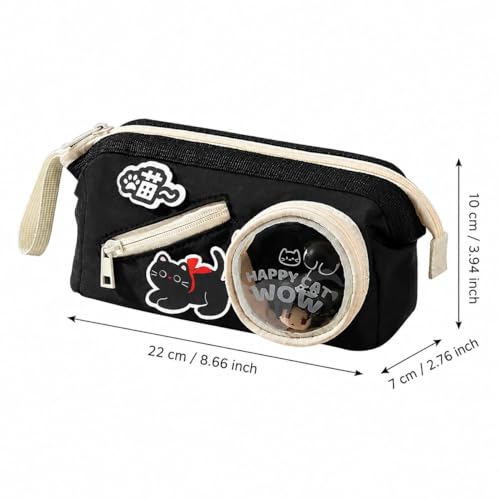 Image of Alokik Happy Cat Black Pencil Pouch for Girls & Boys, Large Capacity Multi-Compartment Zipper Pencil Case with Transparent Display Window & Front Pocket Organizer (Happy Cat - Black)