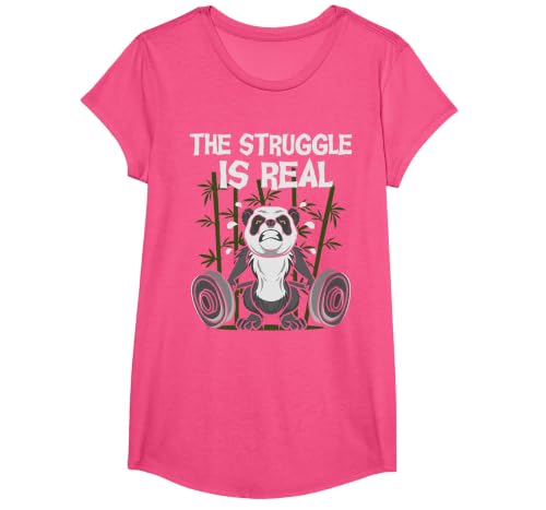 The Struggle is Real - Weightlifting Panda Bear Fitness Gym T-Shirt, Girls, Pink Heather, Large