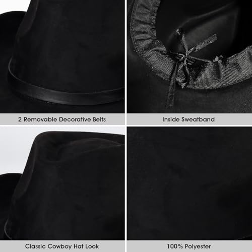 Image of 2 Pack Western Cowboy Hats for Women Men 2 Different hat Bands | Classic Felt Wide Brim Costume Cow Boy Hat Curved Brim Cowgirl Hat