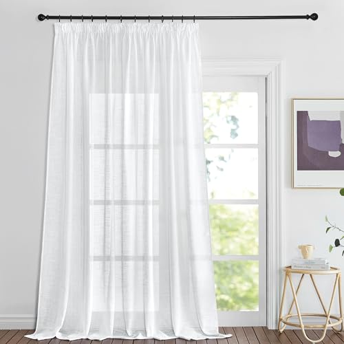 PONY DANCE Raumteiler Vorhang mit Kräuselband für Schiene Wohnzimmer Gardinen Weiss Halbtransparent 1er-Set H 220 x B 300 cm Vorhänge Leinenoptik Kräuselband Extra Breite Vorhänge Halbtransparent