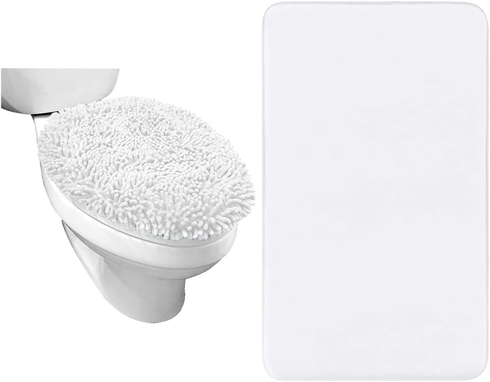 Gorilla Grip Toilet Lid Cover and Thick Memory Foam Bath Rugs, Toilet Lid Cover Size 17.5x15 In, Machine Wash, Bath Rugs Size 36x24 In, Durable Dots on Underside, Both in White, 2 Item Bundle