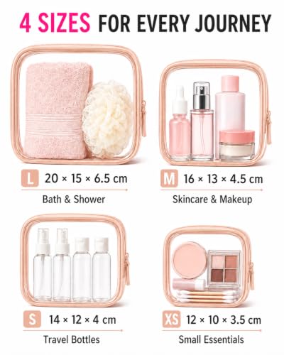 Image of LETGO Clear Toiletry Bag, 4 Packs TSA Approved Water resistant Quart Size Travel Organizer, Airport Airline Travel Essential Carry On Makeup Cosmetic Bags for Women (Light Pink, Pack of 4)