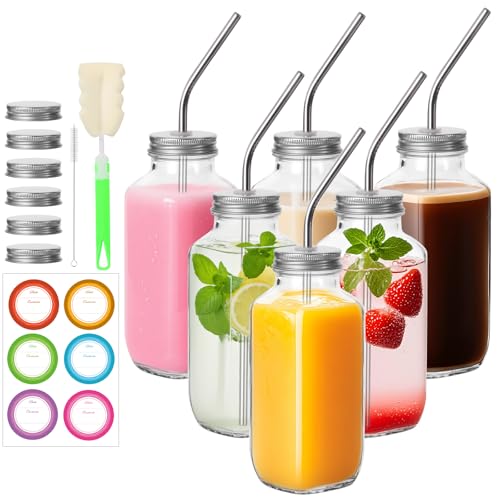 BIGIVACA 16 oz Glass Bottles for Juicing - 6 Pack Glass Juice Bottles with Lids and Stainless Straws - Reusable Juicing Bottle, Square Airtight Containers for Drinks, Travel, Storage