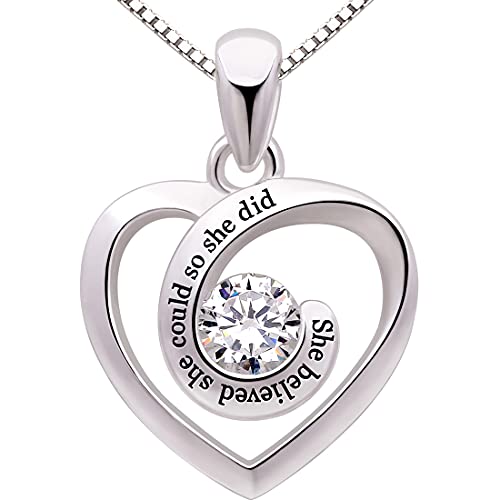 ALOV Jewelry Sterling Silver She believed she could so she did Love Heart Cubic Zirconia Pendant Necklace