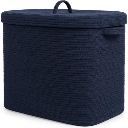Cottonphant 22x14x18 Inch Extra Large Rectangular Rope Basket with Lid, Decorative Blanket Storage Basket, Cotton Chest with Cover for Living Room Bedroom, Navy Blue