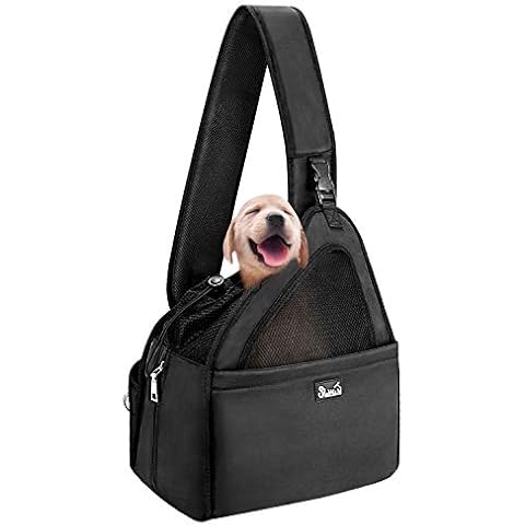 AUTOWT Small Dog Sling, Hands Free Cats Pet Puppy Travel Carrier Bag Tote Adjustable Padded Strap Breathable Mesh Hard Bottom Support Drawstring Opening with Safety Belt (for Pet Up to 6 lbs, Black) Cover