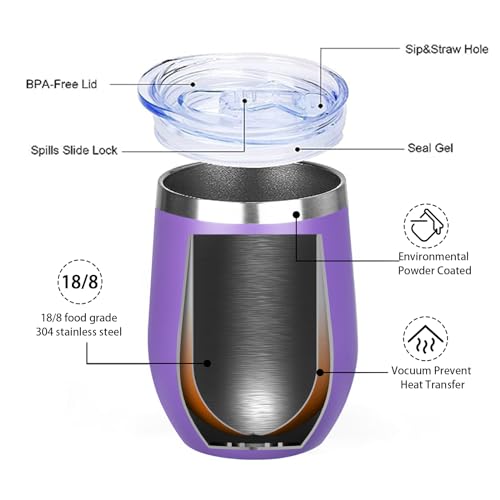 Image of MEZMUT 12oz Insulated Wine Tumbler with Lid Double Wall Vacuum Stainless Steel Wine Glass Coffee Mug Insulated Tumbler Cup for Champaign, Cocktail, Beer (Purple, 1 Pack)