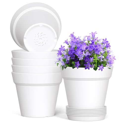 WSMKSZ 7 Inch Thick Plastic Plant Pots with Drainage Holes and Trays – 6 Pack Nursery Pots for Indoor & Outdoor House Plants, Seedling Starter Planters for Garden Flowers, White