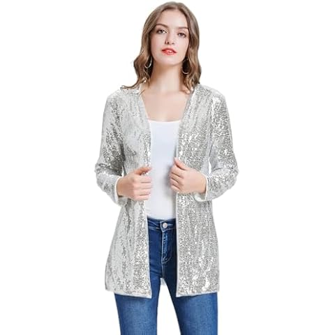 KANCY KOLE Silver Sequin Cardigan Jackets for Women Long Sleeve Bing Sequin Tops Clothing for Party Silver XL Cover