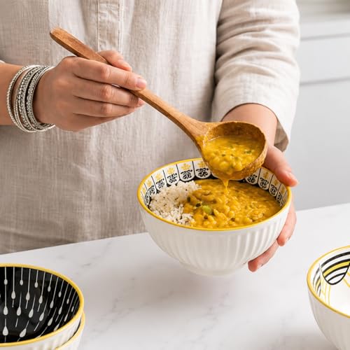 Image of Japanese Style Ceramic Bowl Set of 6 with Gift Box | 300ml Snack Dessert Soup Bowls, Ribbed White Bowls with Handcrafted Patterns, Microwave & Dishwasher Safe (Golden Eclipse)